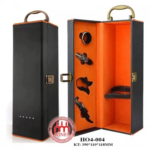Hộp Đựng Rượu Da Đơn Viền Cam + 4 Phụ Kiện